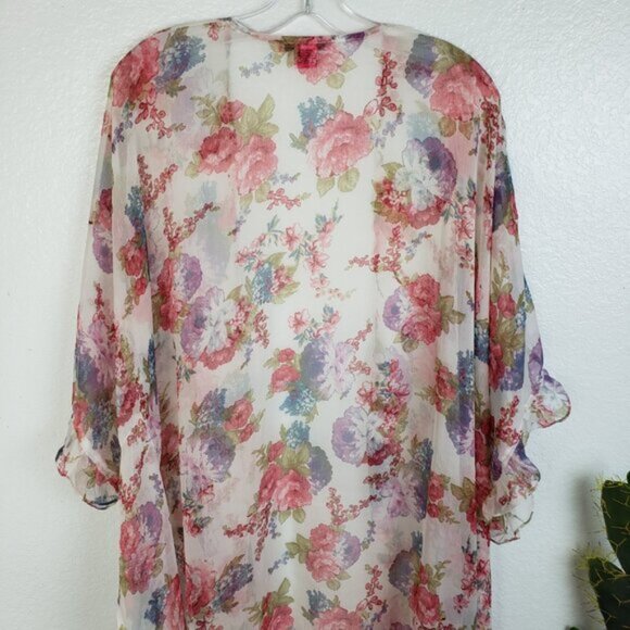 Betsey Johnson Floral Print Sheer Kimono Ruffled Swim Cover-up Loungewear O/S - Picture 9 of 12
